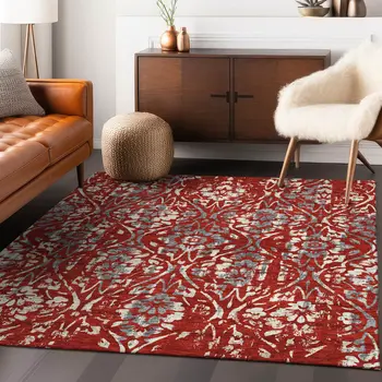 8' X 10' Red Ivory And Dark Gray Floral Washable Indoor Outdoor Area Rug
