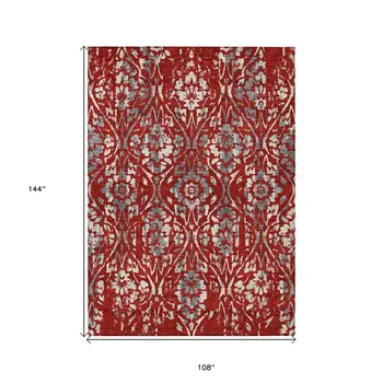 9' X 12' Red Ivory And Dark Gray Floral Washable Indoor Outdoor Area Rug