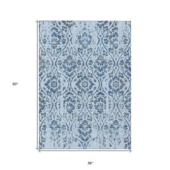 3' X 5' Sky Blue And Dark Blue Floral Washable Indoor Outdoor Area Rug
