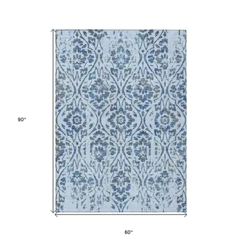 5' X 8' Sky Blue And Dark Blue Floral Washable Indoor Outdoor Area Rug
