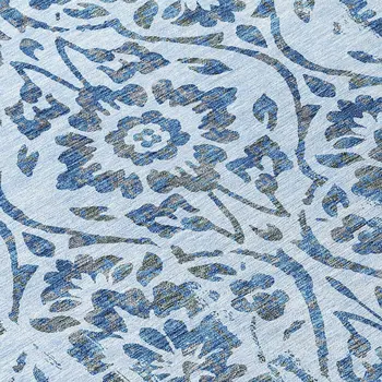 8' Sky Blue And Dark Blue Round Floral Washable Indoor Outdoor Area Rug