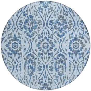 8' Sky Blue And Dark Blue Round Floral Washable Indoor Outdoor Area Rug