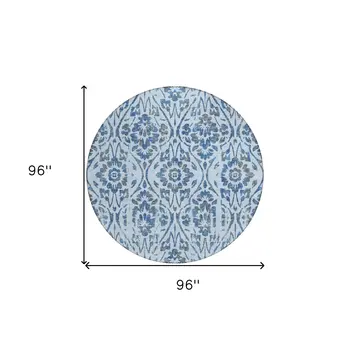 8' Sky Blue And Dark Blue Round Floral Washable Indoor Outdoor Area Rug