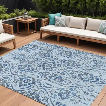8' X 10' Sky Blue And Dark Blue Floral Washable Indoor Outdoor Area Rug