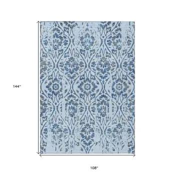 9' X 12' Sky Blue And Dark Blue Floral Washable Indoor Outdoor Area Rug