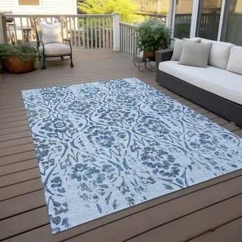 9' X 12' Sky Blue And Dark Blue Floral Washable Indoor Outdoor Area Rug