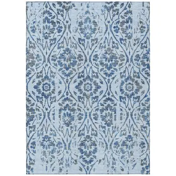 9' X 12' Sky Blue And Dark Blue Floral Washable Indoor Outdoor Area Rug