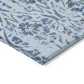 9' X 12' Sky Blue And Dark Blue Floral Washable Indoor Outdoor Area Rug