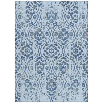 9' X 12' Sky Blue And Dark Blue Floral Washable Indoor Outdoor Area Rug