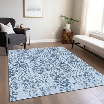 9' X 12' Sky Blue And Dark Blue Floral Washable Indoor Outdoor Area Rug