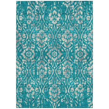 3' X 5' Teal Blue And Ivory Floral Washable Indoor Outdoor Area Rug