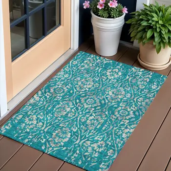 3' X 5' Teal Blue And Ivory Floral Washable Indoor Outdoor Area Rug