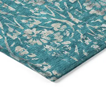 3' X 5' Teal Blue And Ivory Floral Washable Indoor Outdoor Area Rug