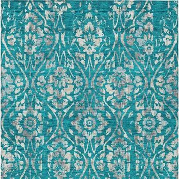 5' X 8' Teal Blue And Ivory Floral Washable Indoor Outdoor Area Rug