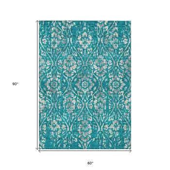 5' X 8' Teal Blue And Ivory Floral Washable Indoor Outdoor Area Rug