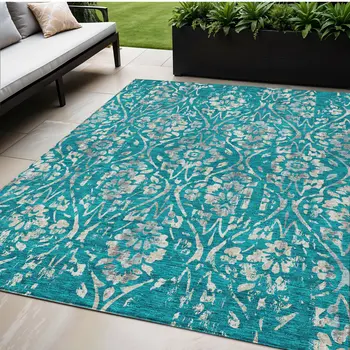 5' X 8' Teal Blue And Ivory Floral Washable Indoor Outdoor Area Rug