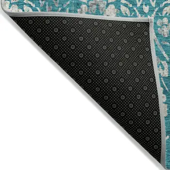 5' X 8' Teal Blue And Ivory Floral Washable Indoor Outdoor Area Rug