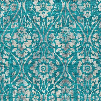 5' X 8' Teal Blue And Ivory Floral Washable Indoor Outdoor Area Rug