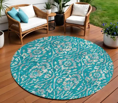 8' Teal Blue And Ivory Round Floral Washable Indoor Outdoor Area Rug
