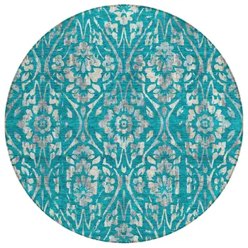 8' Teal Blue And Ivory Round Floral Washable Indoor Outdoor Area Rug