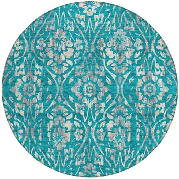 8' Teal Blue And Ivory Round Floral Washable Indoor Outdoor Area Rug