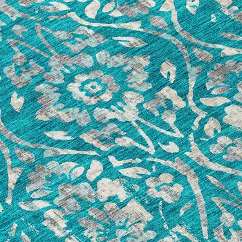 8' Teal Blue And Ivory Round Floral Washable Indoor Outdoor Area Rug