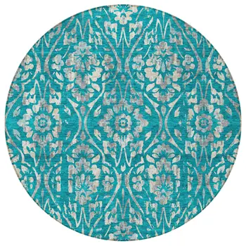 8' Teal Blue And Ivory Round Floral Washable Indoor Outdoor Area Rug
