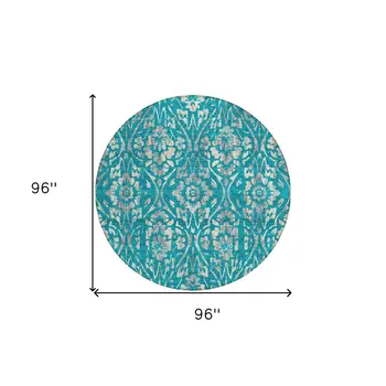 8' Teal Blue And Ivory Round Floral Washable Indoor Outdoor Area Rug