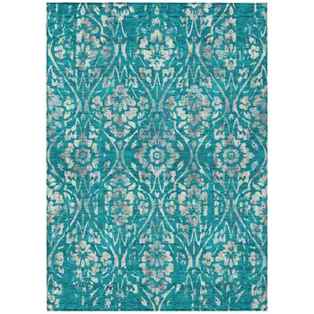 9' X 12' Teal Blue And Ivory Floral Washable Indoor Outdoor Area Rug