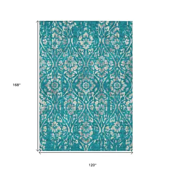 10' X 14' Teal Blue And Ivory Floral Washable Indoor Outdoor Area Rug