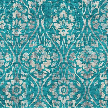 10' X 14' Teal Blue And Ivory Floral Washable Indoor Outdoor Area Rug