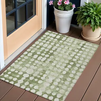 3' X 5' Artichoke Green And Ivory Abstract Washable Indoor Outdoor Area Rug
