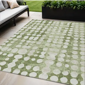 5' X 8' Artichoke Green And Ivory Abstract Washable Indoor Outdoor Area Rug