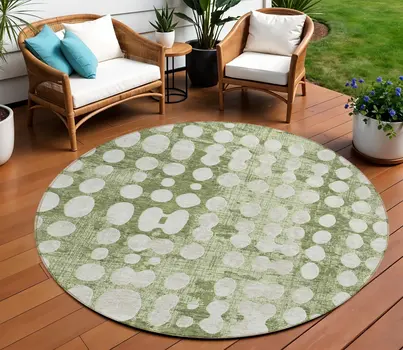 8' Artichoke Green And Ivory Round Abstract Washable Indoor Outdoor Area Rug