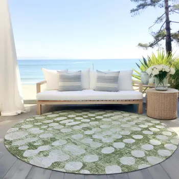 8' Artichoke Green And Ivory Round Abstract Washable Indoor Outdoor Area Rug