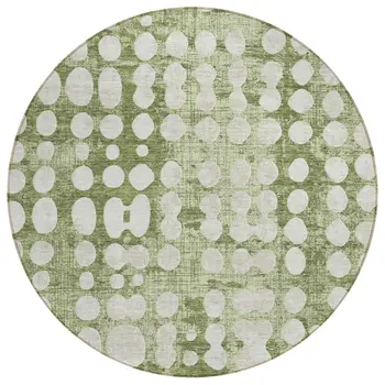 8' Artichoke Green And Ivory Round Abstract Washable Indoor Outdoor Area Rug
