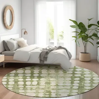 8' Artichoke Green And Ivory Round Abstract Washable Indoor Outdoor Area Rug