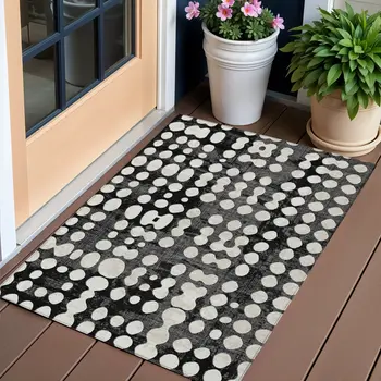 3' X 5' Black And Ivory Abstract Washable Indoor Outdoor Area Rug