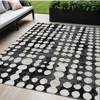 5' X 8' Black And Ivory Abstract Washable Indoor Outdoor Area Rug