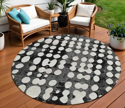 8' Black And Ivory Round Abstract Washable Indoor Outdoor Area Rug