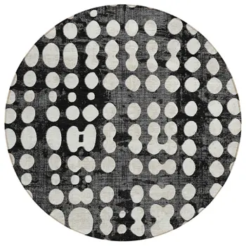 8' Black And Ivory Round Abstract Washable Indoor Outdoor Area Rug