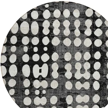 8' Black And Ivory Round Abstract Washable Indoor Outdoor Area Rug