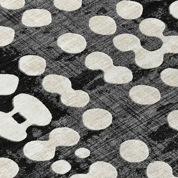 8' Black And Ivory Round Abstract Washable Indoor Outdoor Area Rug