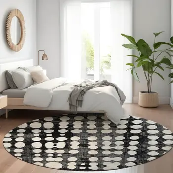 8' Black And Ivory Round Abstract Washable Indoor Outdoor Area Rug