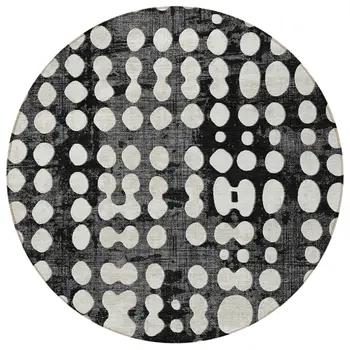 8' Black And Ivory Round Abstract Washable Indoor Outdoor Area Rug