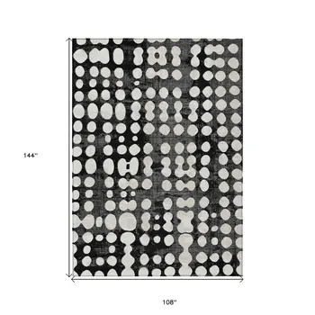 9' X 12' Black And Ivory Abstract Washable Indoor Outdoor Area Rug