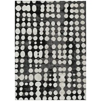 9' X 12' Black And Ivory Abstract Washable Indoor Outdoor Area Rug