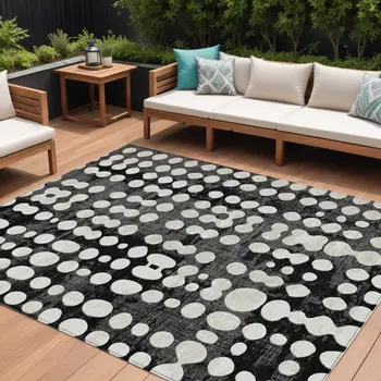10' X 14' Black And Ivory Abstract Washable Indoor Outdoor Area Rug