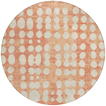 8' Coral And Ivory Round Abstract Washable Indoor Outdoor Area Rug