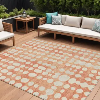 9' X 12' Coral And Ivory Abstract Washable Indoor Outdoor Area Rug